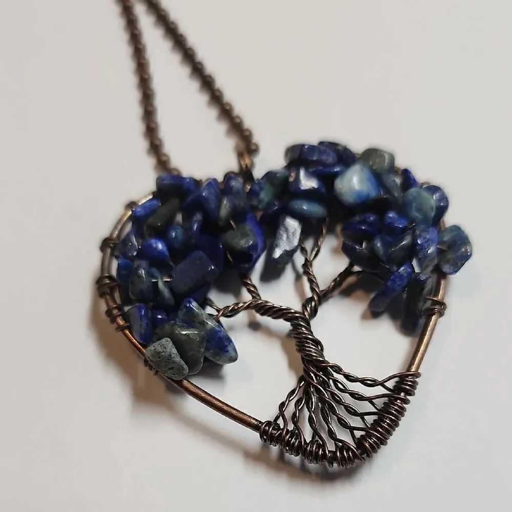 Blue Glass Stone Tree of Life Pendant Necklace